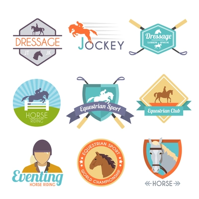 Jockey label set with dressage sport horse club emblems isolated vector illustration