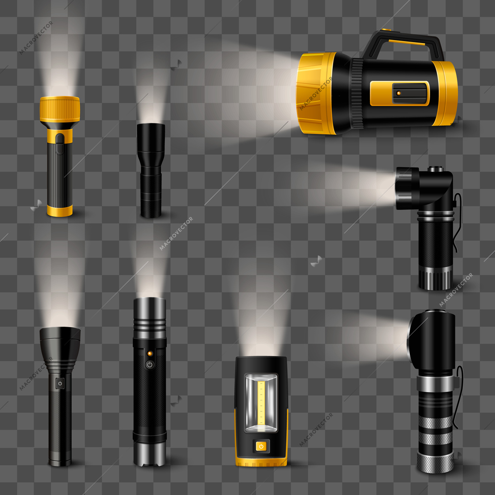 LED flashlights with light beam realistic set on transparent background isolated vector illustration