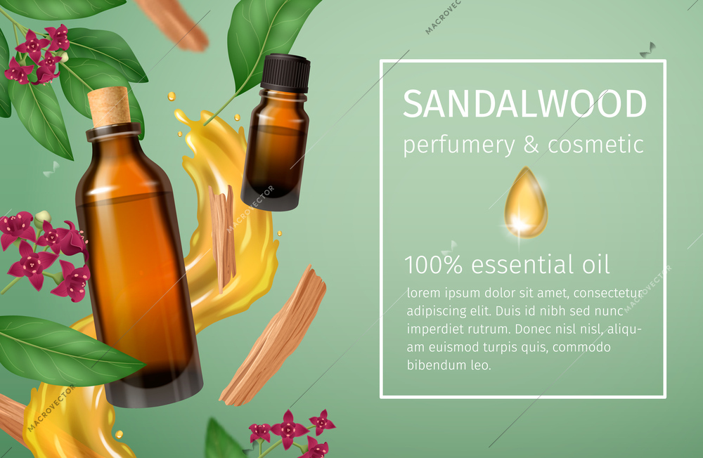 Sandalwood realistic banner promoting sandal essential oil used in perfumery cosmetic and aromatherapy vector illustration
