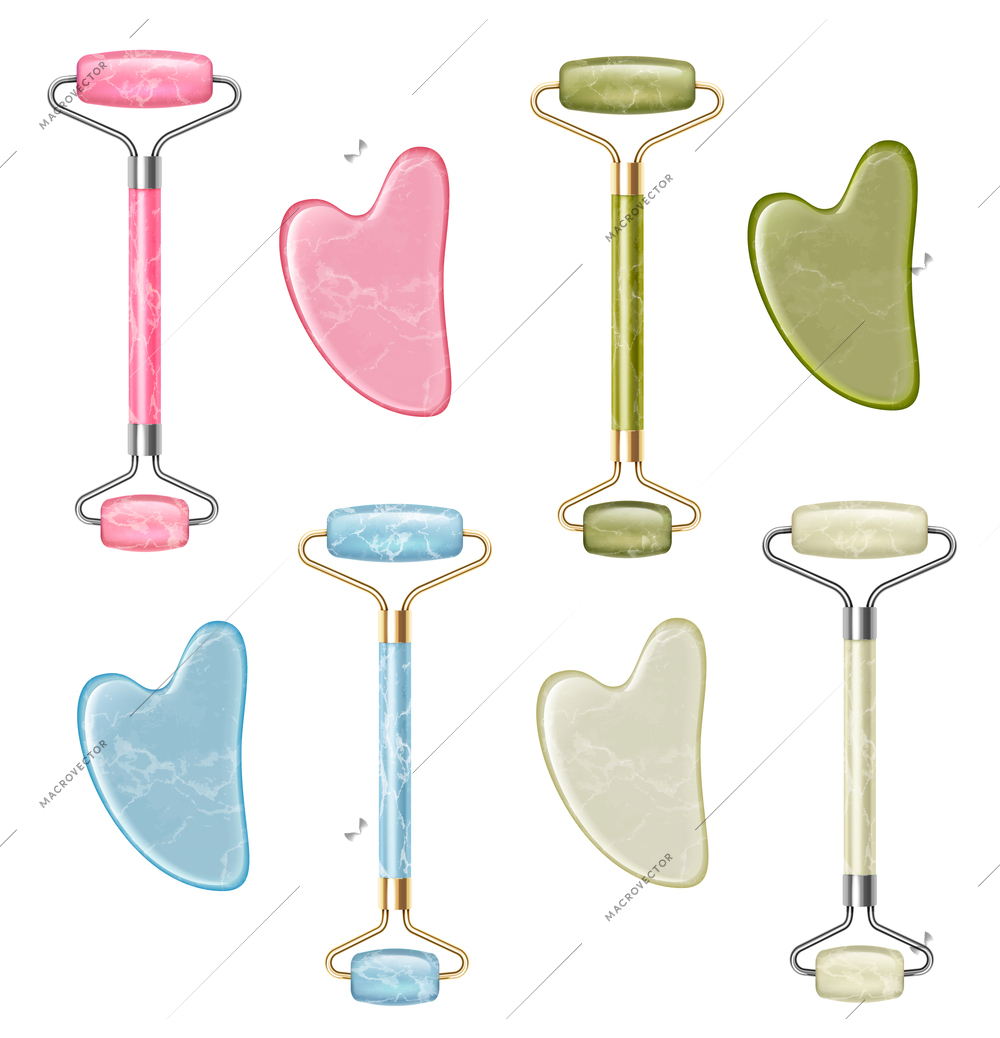 Realistic set of tools for gua sha massage with different color rollers and scrapers isolated vector illustration