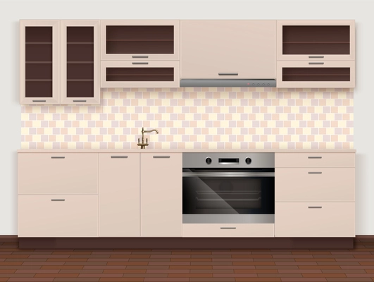 Modern classic kitchen interior with furniture elements cooker and bronze water tap realistic vector illustration