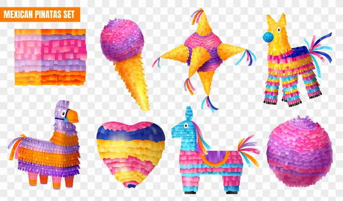 Realistic colorful mexican pinatas icons set on transparent background isolated vector illustration