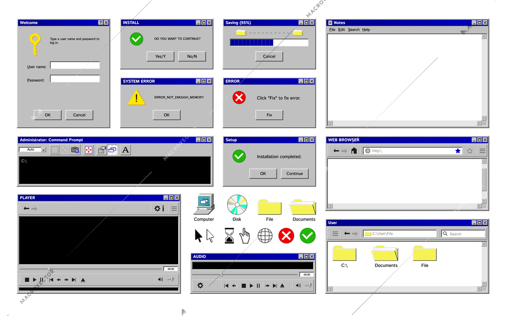 Old program windows set with isolated images of retro computer app interface with colorful icons buttons vector illustration