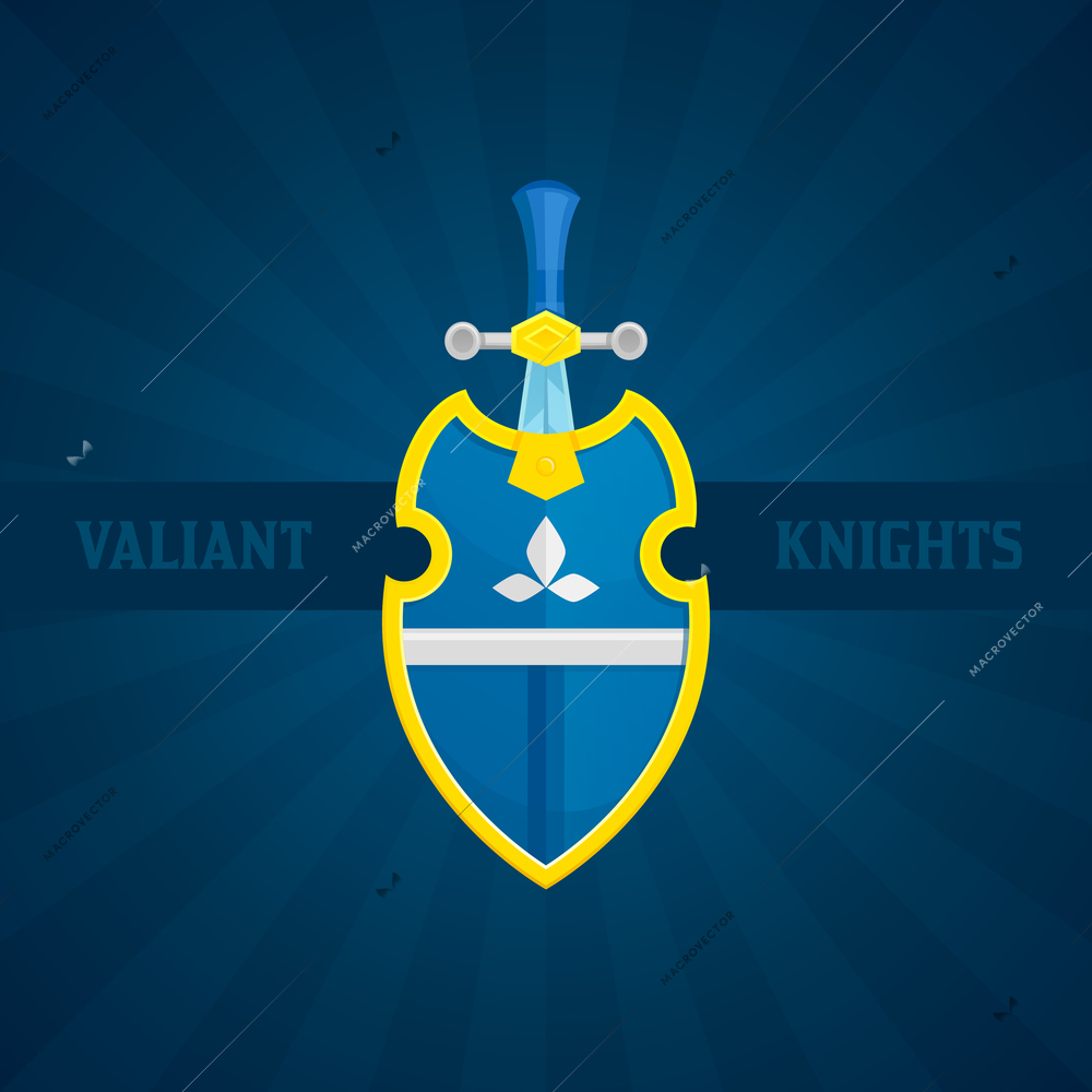 Antique medieval steel sword and shield icon with valiant knights text flat vector illustration