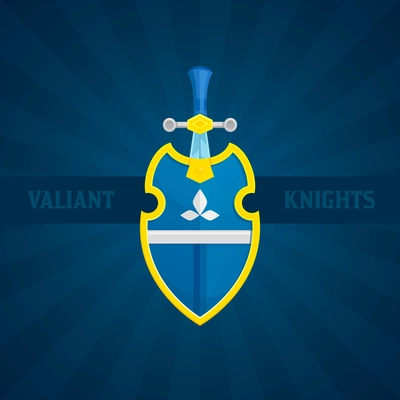 Antique medieval steel sword and shield icon with valiant knights text flat vector illustration