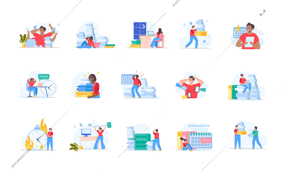 Business stress set of flat isolated compositions on blank background with human characters of tired coworkers vector illustration
