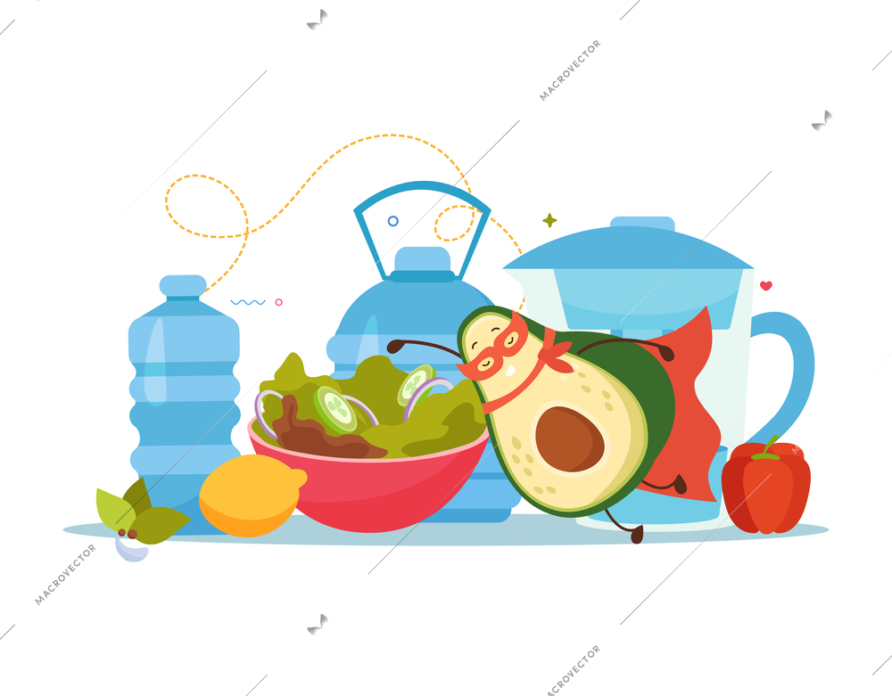 Cartoon avocado flat background composition with fruit character diving into dish with greens with water bottles vector illustration