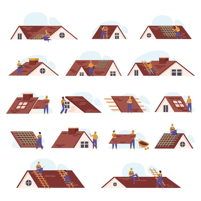 Roof flat set of isolated icons with views of sloping house roofs with characters of workers vector illustration