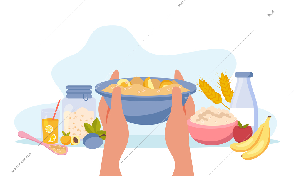 Oatmeal flat background composition with human hands holding plate with porridge and food products fruits drinks vector illustration