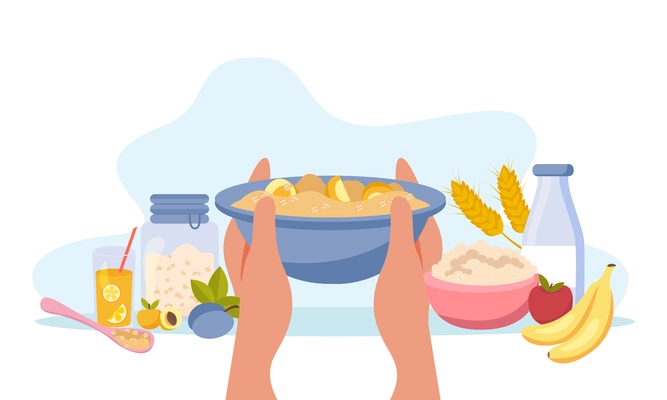 Oatmeal flat background composition with human hands holding plate with porridge and food products fruits drinks vector illustration