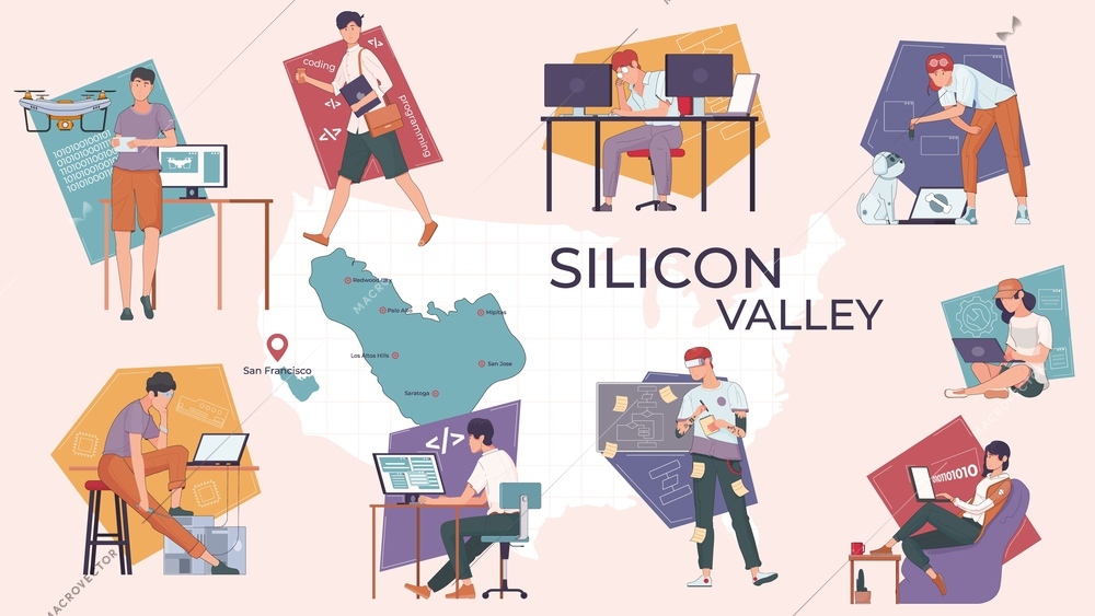 Silicon valley flat set with isolated compositions people using modern gadgets drones computers feeding robotic pets vector illustration