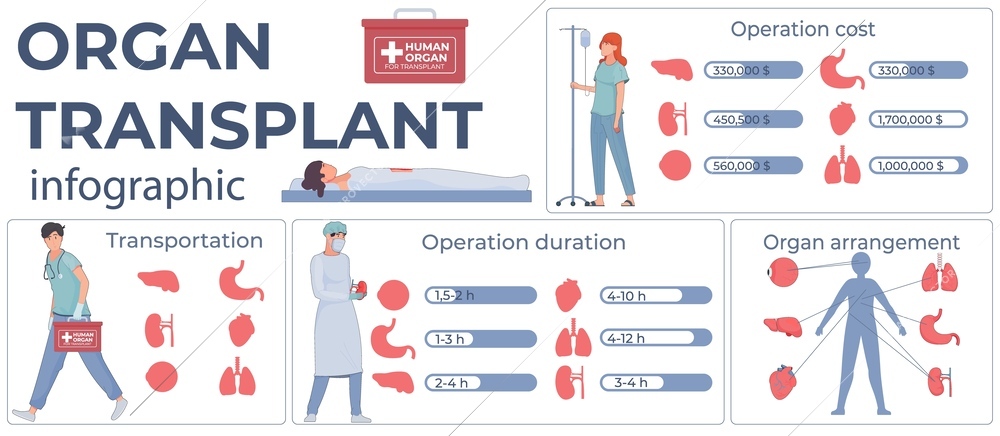 Organ transplant flat set of infographic compositions with internal limb silhouettes medical professionals and text captions vector illustration