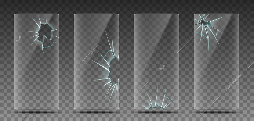 Realistic broken glass phone screen set with isolated images of frames with holes cracks and fissures vector illustration