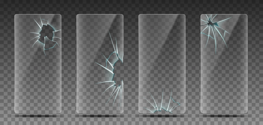 Realistic broken glass phone screen set with isolated images of frames with holes cracks and fissures vector illustration