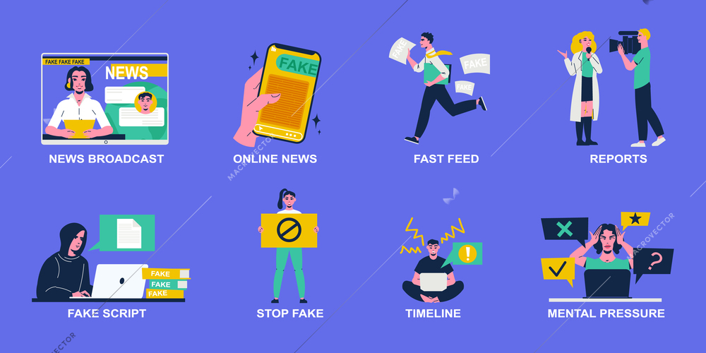 Fake news set with isolated compositions of online broadcast reports scripts mental pressure and human characters vector illustration