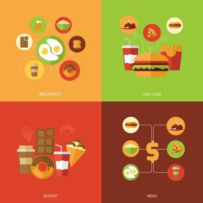 Fast food design concept set with breakfast dessert menu flat icons isolated vector illustration