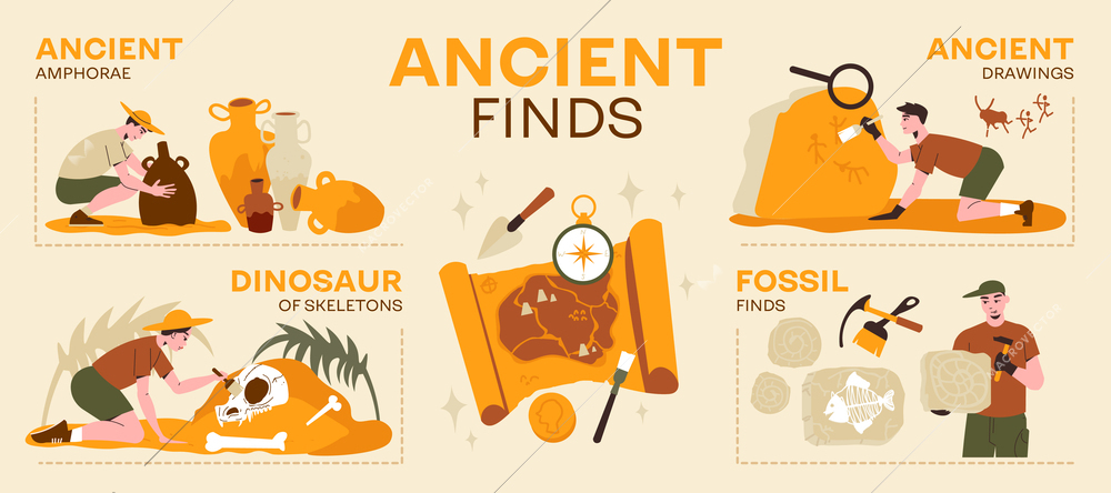 Archeology infographics with editable text and isolated compositions of dinosaur remains fossils discovered by human characters vector illustration