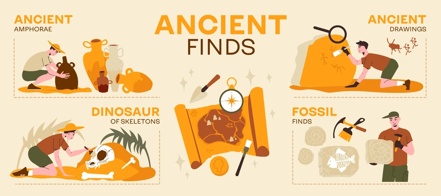 Archeology infographics with editable text and isolated compositions of dinosaur remains fossils discovered by human characters vector illustration