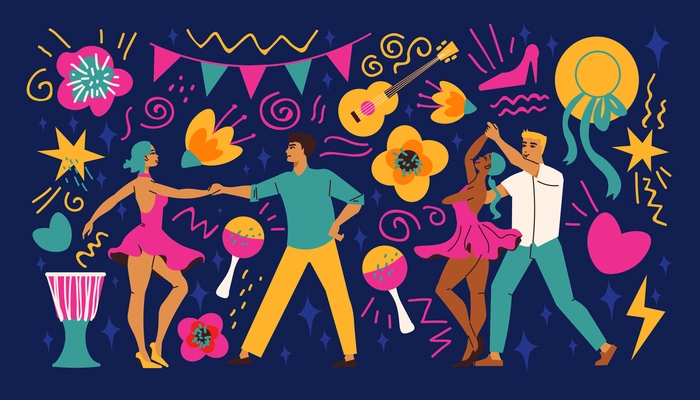 Latin dance composition with big set of isolated carnival icons flowers percussion and dancing people characters vector illustration