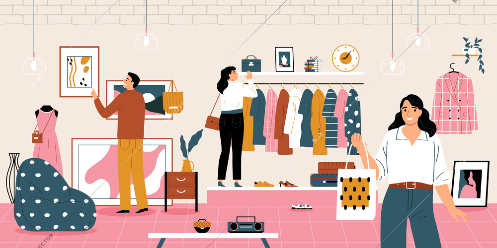 Second hand sunday market with people choosing retro clothes flat vector illustration