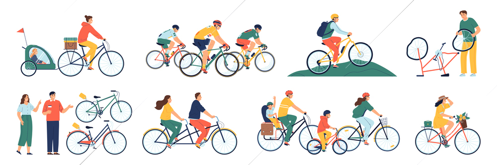 People on bicycles flat set of adult and children characters riding bicycle outdoor isolated vector illustration