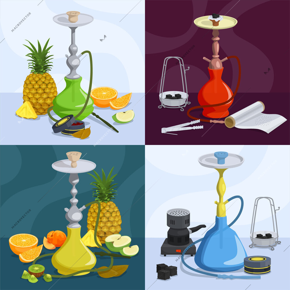 Hookah 2x2 design concept with accessories for smoking and exotic fruits flat color vector illustration