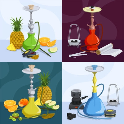 Hookah 2x2 design concept with accessories for smoking and exotic fruits flat color vector illustration