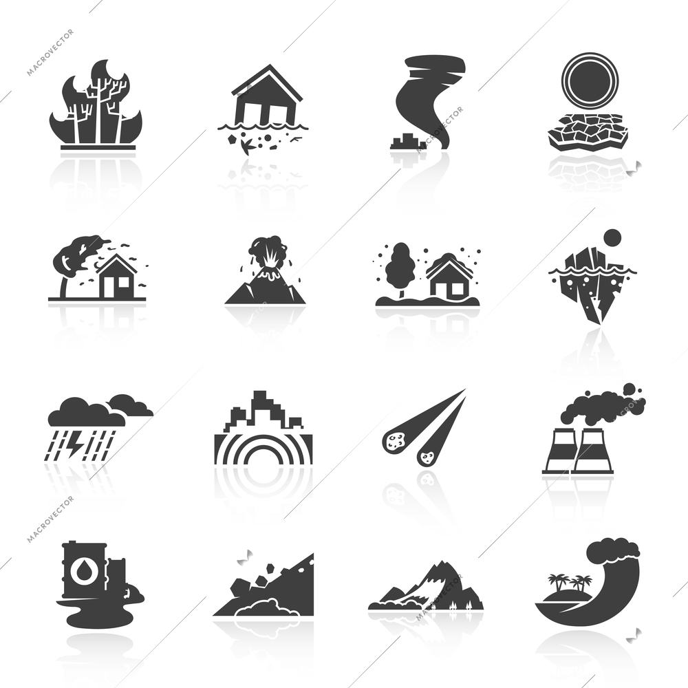 Natural disaster icons black set with tsunami snow storm thunder isolated vector illustration