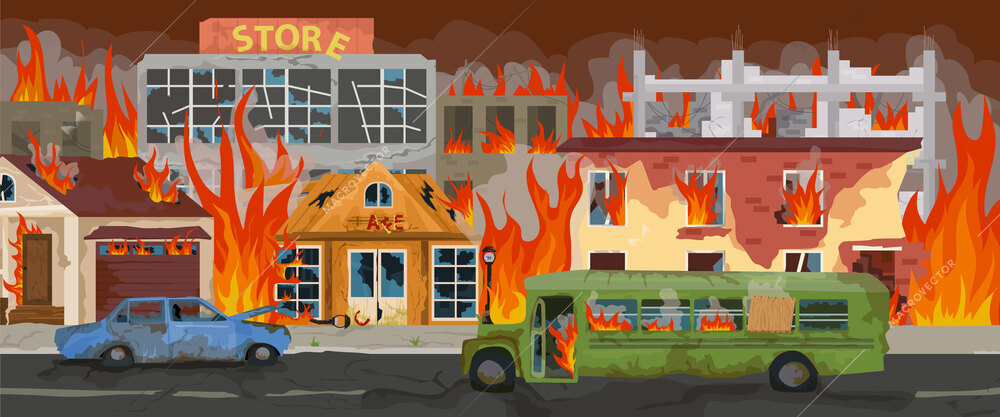 City on fire horizontal background depicting flames burst out of windows of broken houses flat vector illustration