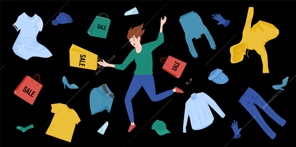 Big sale flat color background with shopaholic character running for flying clothes and accessories vector illustration