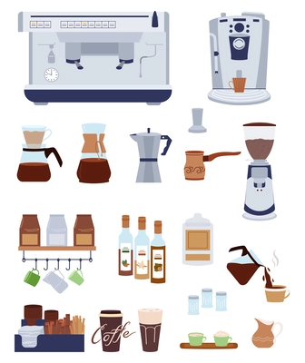 Coffee people set with isolated compositions of icons with cups pots pieces of coffee making equipment vector illustration