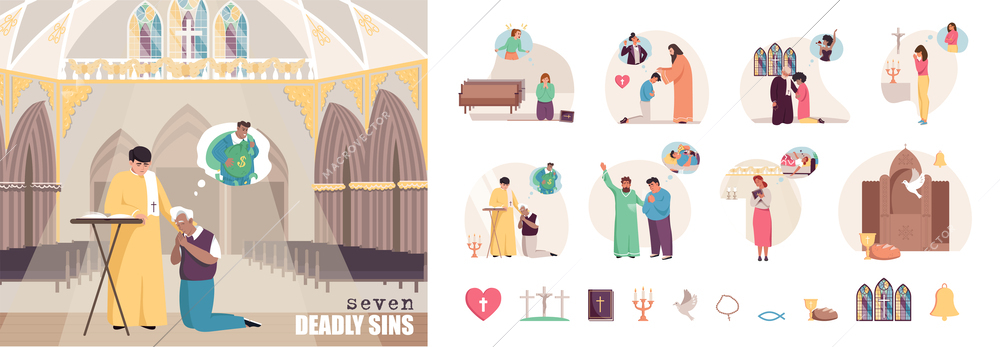 Set with isolated sin religion flat compositions of priest characters absolving praying sinners of their sins vector illustration