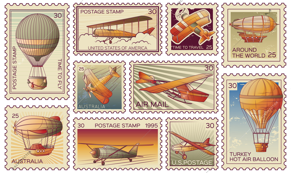 Aeronautics retro vintage aircraft transport postage stamps set with isolated mail labels with text and value vector illustration