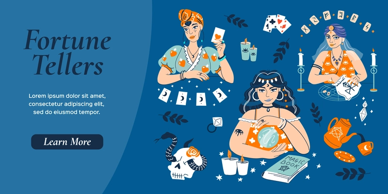 Fortune tellers flat web site with female characters looking through crystal ball reading runes and cards vector illustration