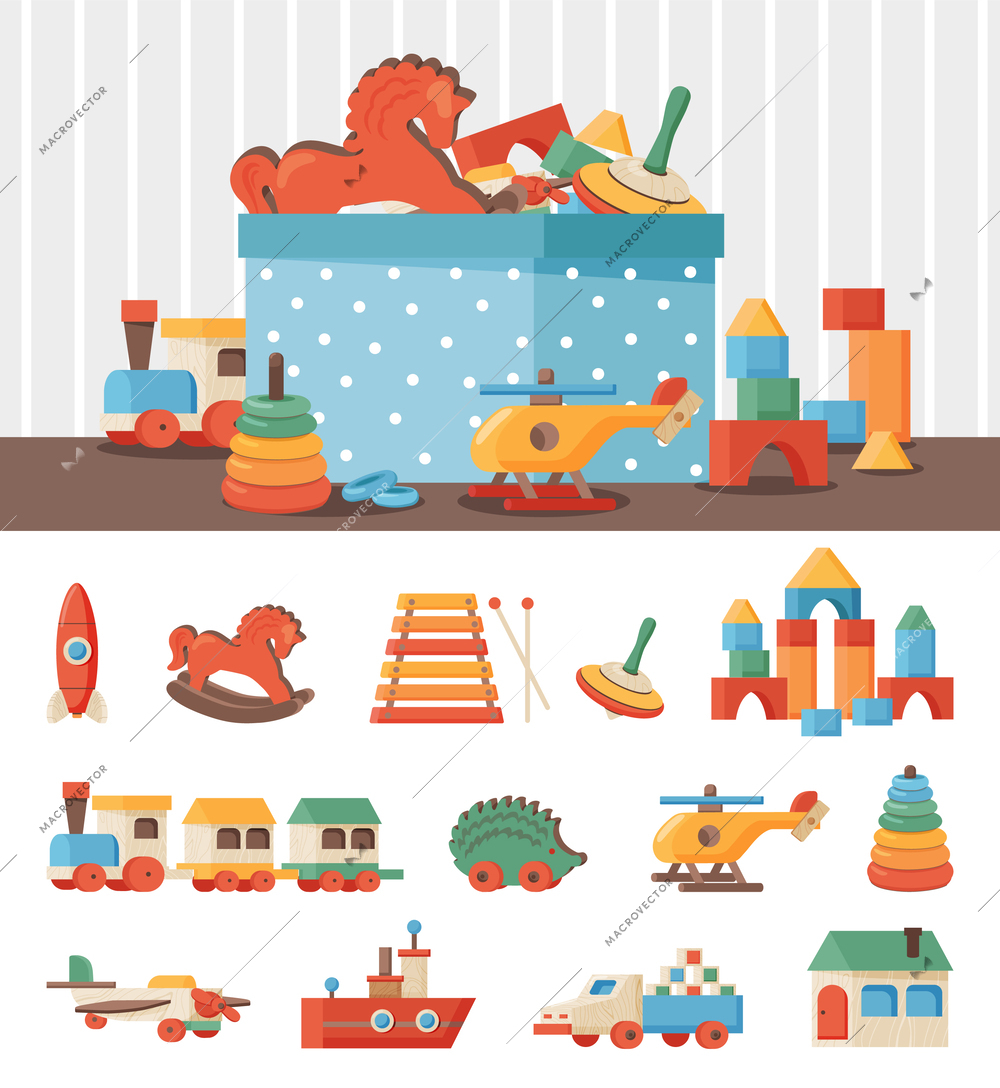 Retro flat color composition with set of vintage wooden toys for little kids vector illustration