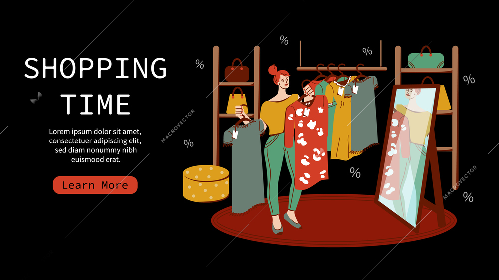 Shopping time flat web site with female character trying on new dress in store fitting room vector illustration