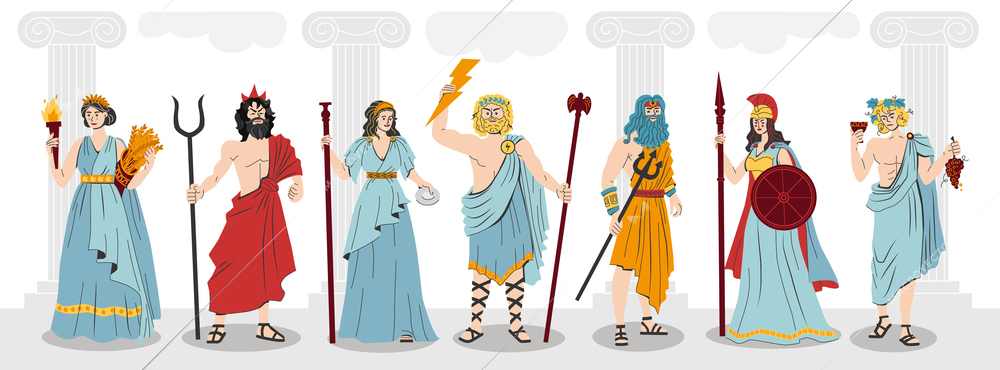 Olympus gods flat color composition with greece mythology characters at background of ancient columns vector illustration