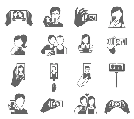 Selfie icons black set with people taking photo on cellphone isolated vector illustration