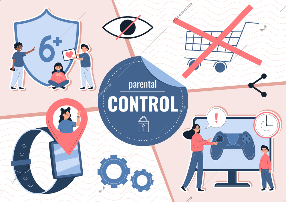 Parental control flat composition with collage of conceptual icons with parents prohibition surveillance and gaming limitation vector illustration