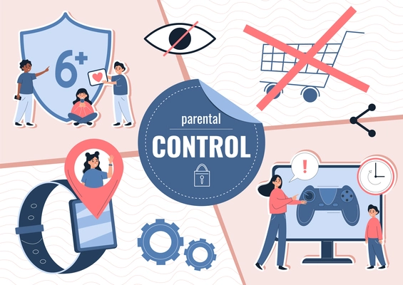 Parental control flat composition with collage of conceptual icons with parents prohibition surveillance and gaming limitation vector illustration