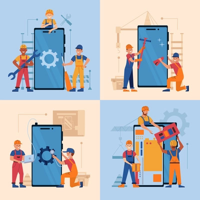 Phone repair service diagnostics disassembling screen polishing 2x2 set with happy tech engineer characters isolated flat vector illustration