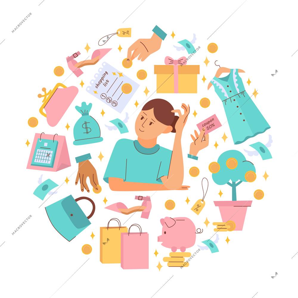 Financial planning flat composition with money purchases and person thinking how to plan budget vector illustration