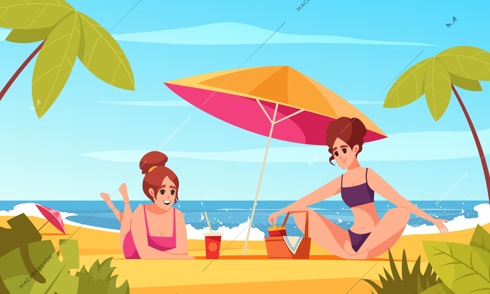 Picnic cartoon concept with young women drinking cocktails on beach vector illustration