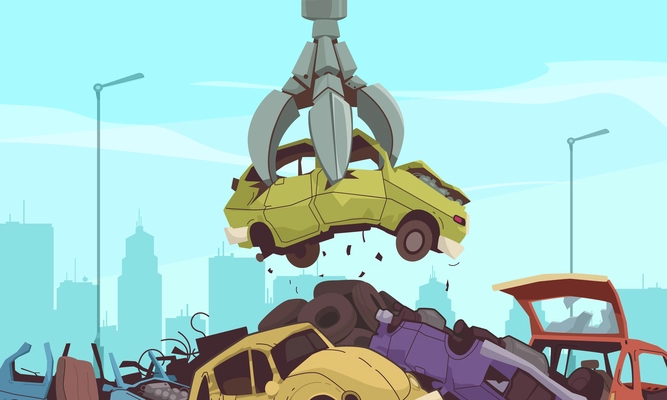 Car dump cartoon concept with crushed auto heap vector illustration