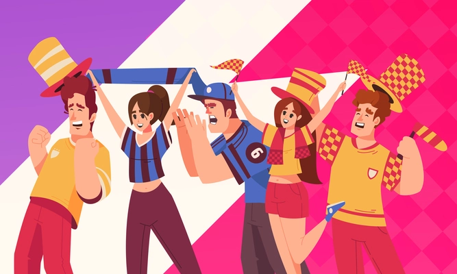 Sports fans cartoon composition with happy people celebrating team victory vector illustration