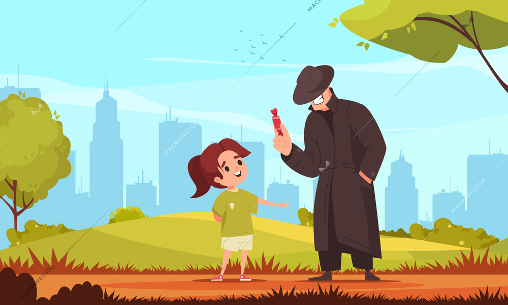 Kids danger cartoon concept with girl talking to stranger outdoors vector illustration