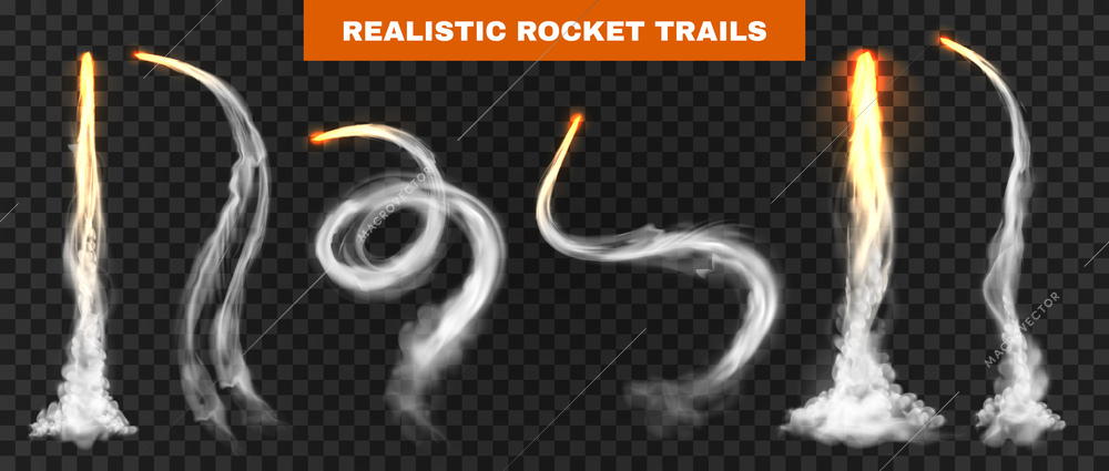 Realistic rocket trail transparent set with editable text and isolated curvy smoking traces on transparent background vector illustration
