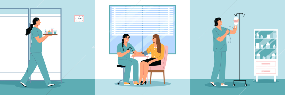 Nurse flat compositions set with female medical professional in hospital isolated vector illustration