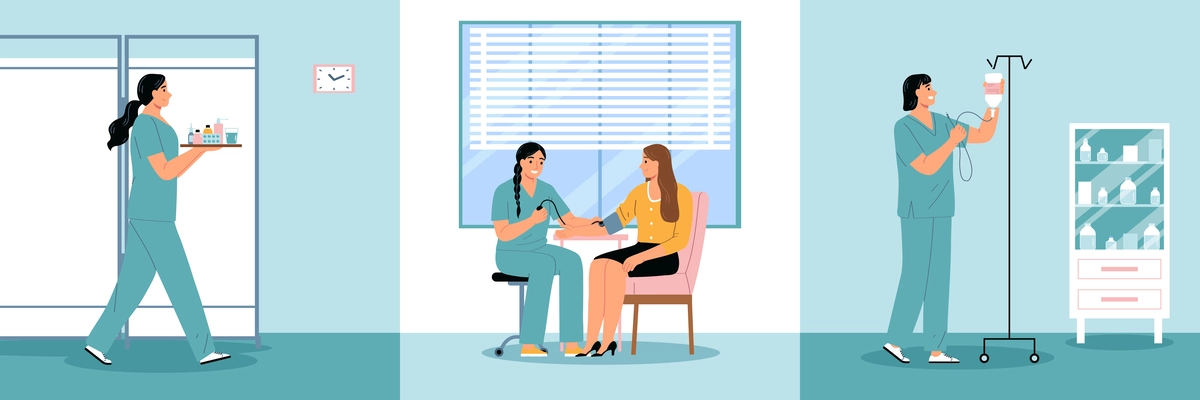 Nurse flat compositions set with female medical professional in hospital isolated vector illustration