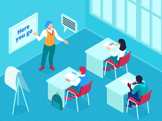 Language school isometric background with pupils sitting at desks in class and listening to teacher vector illustration